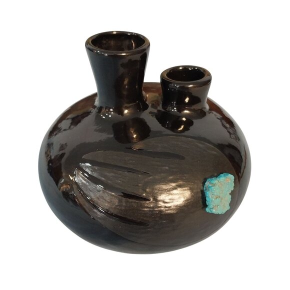 Black Double Spout Vase With Etched Bear Claw and Turquoise Colored Stones - Picture 1 of 9